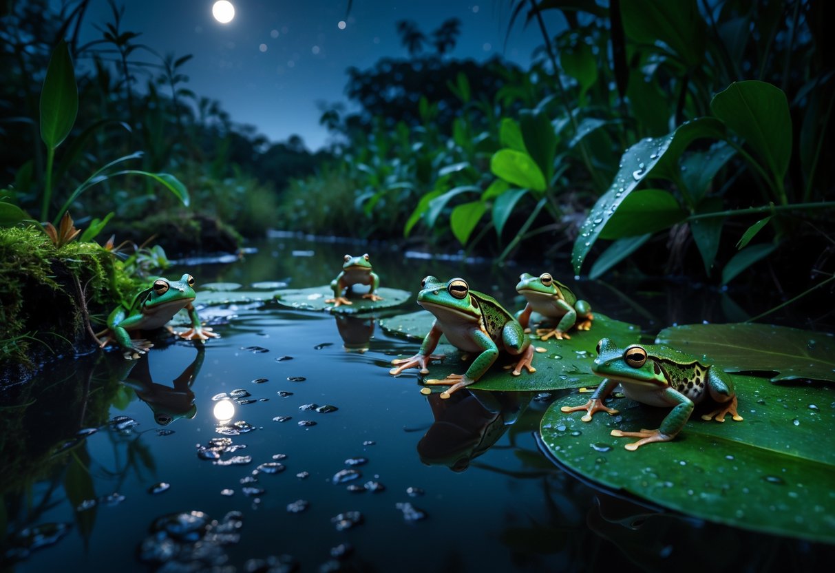 Frogs moving on leaves and near a pond in a dark forest at night under moonlight.