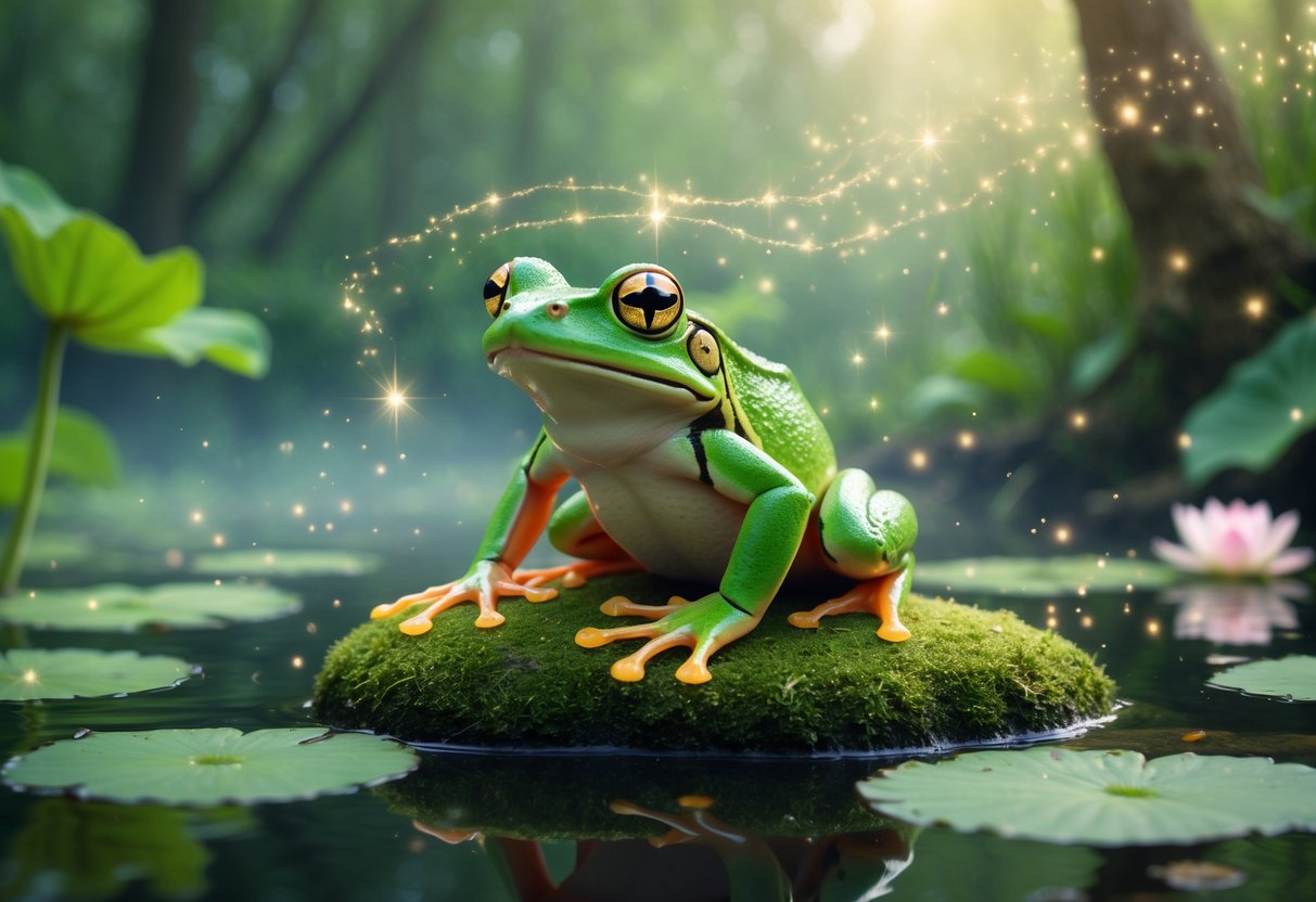 A vibrant green frog with glowing golden eyes sitting on a moss-covered rock in a misty forest pond surrounded by lotus flowers.