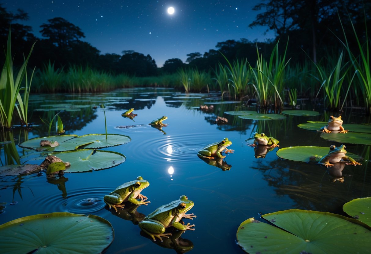 A nighttime wetland scene with frogs hopping and sitting on lily pads in a pond surrounded by plants under a starry sky.