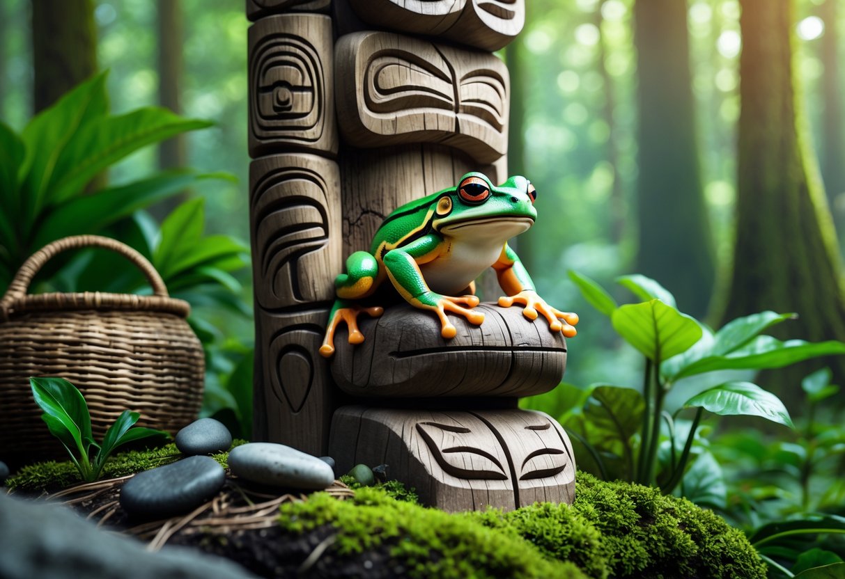 A detailed wooden totem pole with a carved frog, surrounded by green plants and natural forest elements.