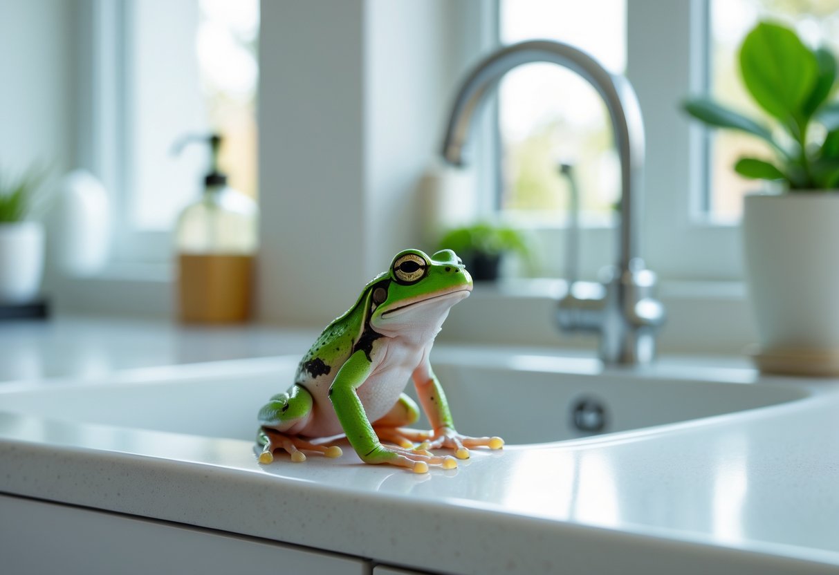 A small green frog sitting on the edge of a kitchen sink inside a modern home.