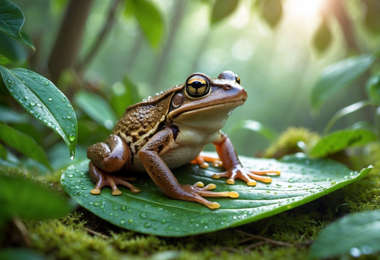 A brown frog sitting on a green leaf in a peaceful forest setting with sunlight filtering through the trees.