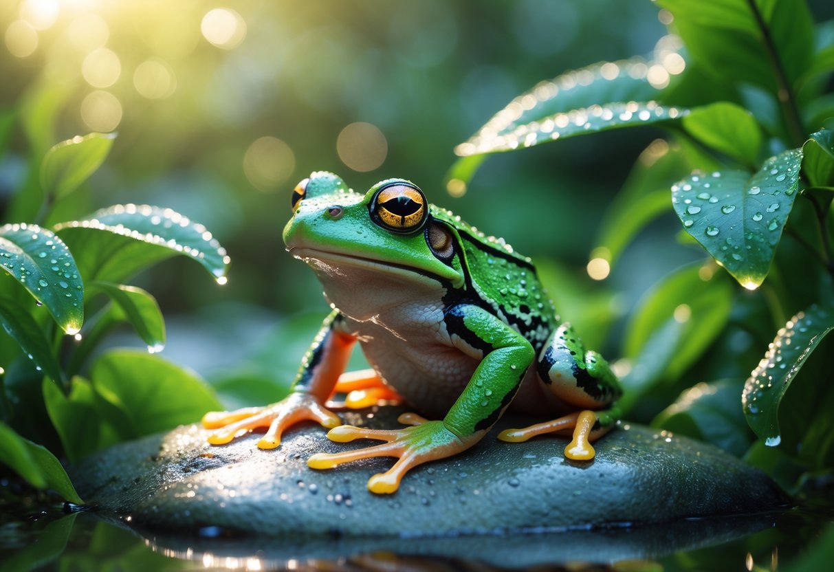 Close-up of a green frog sitting on a wet rock surrounded by green leaves with sunlight filtering through.