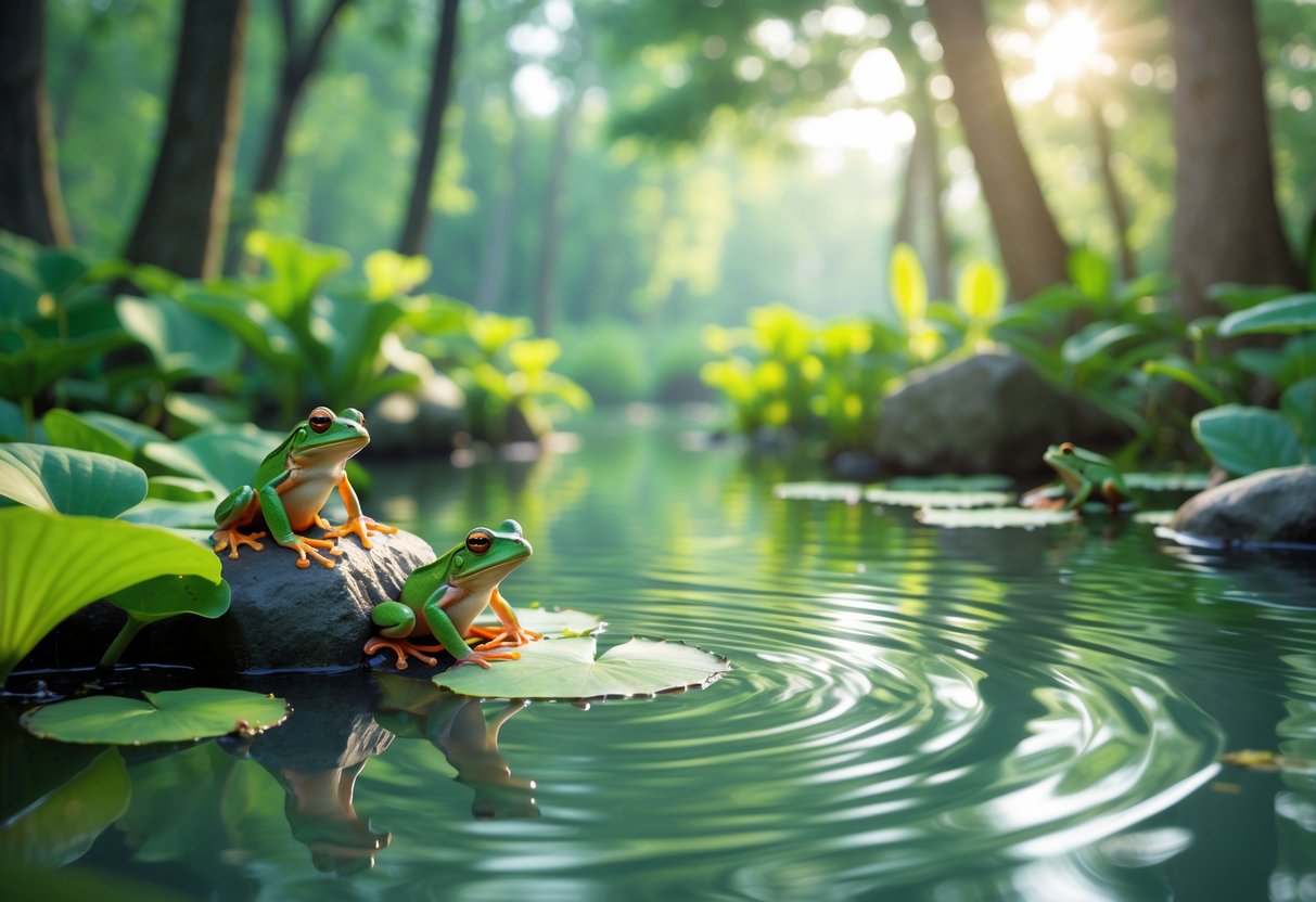 A calm pond with green frogs sitting on lily pads surrounded by trees and greenery.
