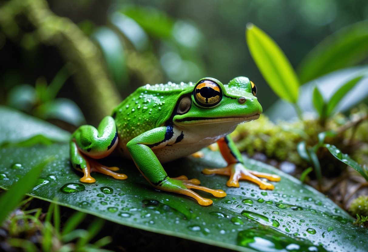 Close-up of a green frog with bright colors sitting on a wet leaf in a rainforest.