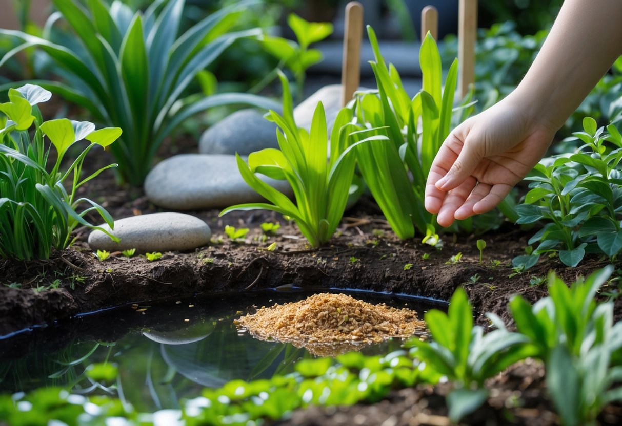 A garden pond surrounded by green plants with a hand sprinkling natural substances around the edge to keep frogs away.