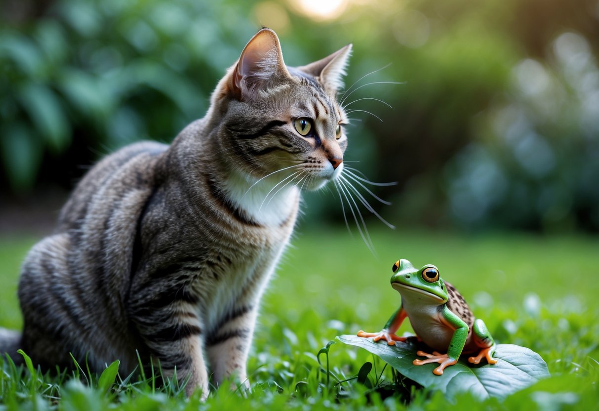 A cat sitting on grass looking at a frog on a leaf in a garden.