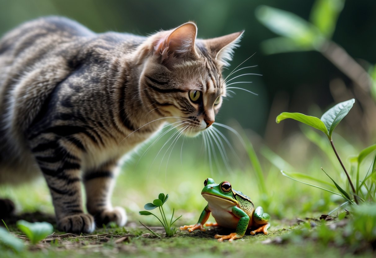 A domestic cat cautiously approaching a small green frog on grass outdoors.