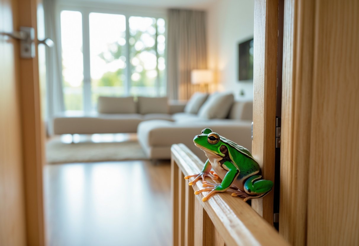 A small green frog sitting on the edge of an open door looking into a living room.