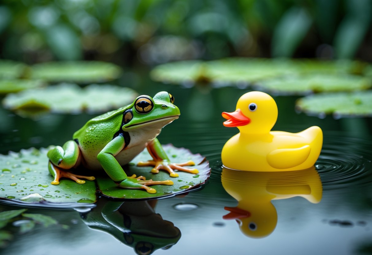 A green frog on a lily pad recoiling from a yellow rubber duck floating nearby in a pond.
