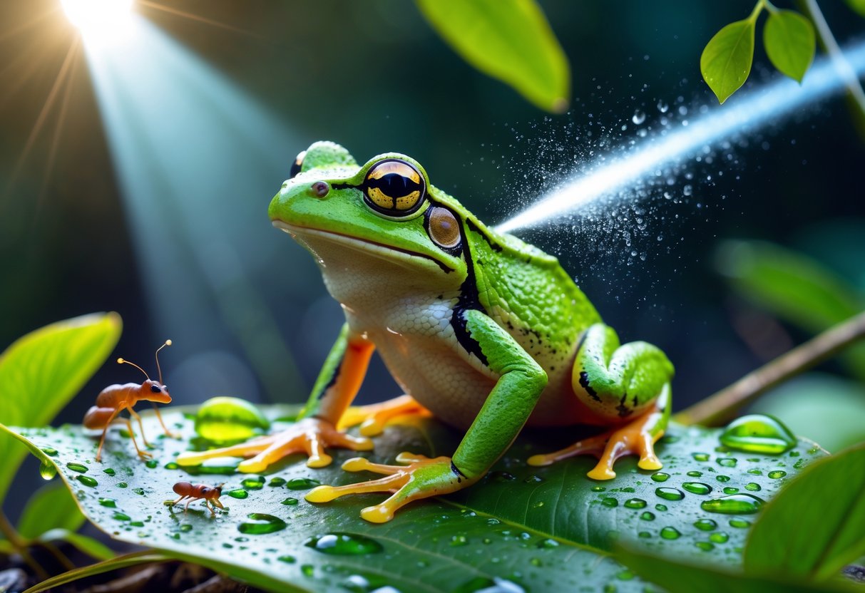 A green frog on a wet leaf surrounded by a flashlight beam, ants, water droplets, and a bird shadow overhead.