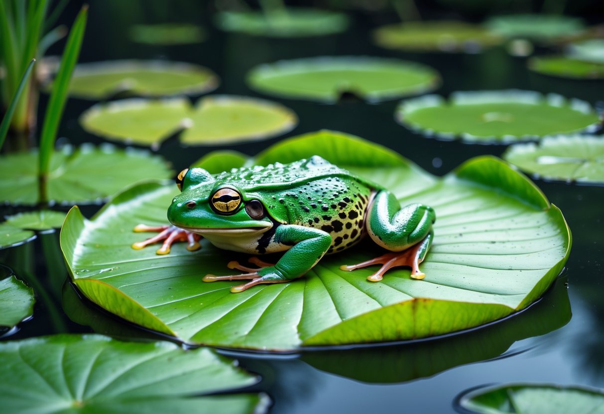 A green frog sleeping curled up on a lily pad floating on a calm pond surrounded by aquatic plants.