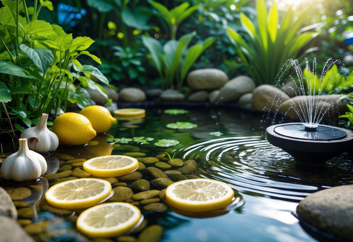 A garden pond surrounded by plants with lemon slices, garlic bulbs, coffee grounds, stones, and a small water fountain used as natural frog deterrents.