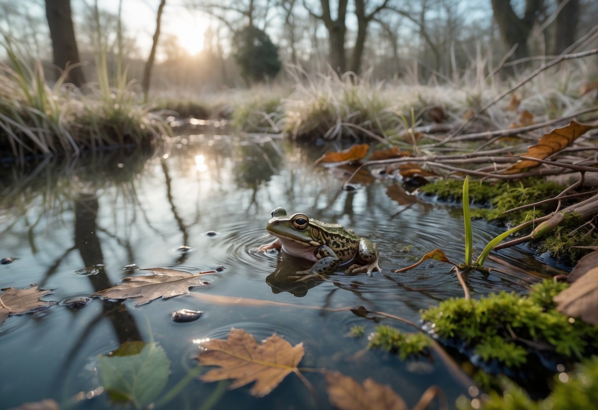 A small frog underwater near the edge of a UK pond in winter, surrounded by fallen leaves and moss with bare trees in the background.