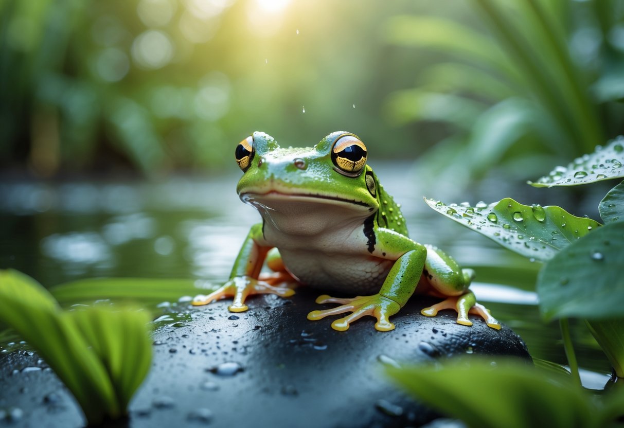 A green frog sitting on a wet rock near a pond, looking directly ahead with bright eyes.