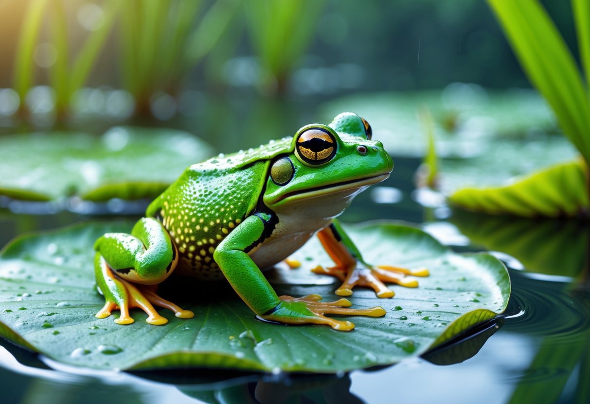A green frog sitting on a lily pad in a calm pond with plants and water ripples in the background.