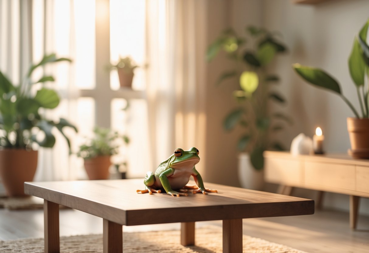 A green frog sitting on a wooden coffee table in a softly lit living room with plants and a candle in the background.