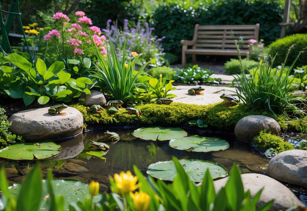 A garden with a small pond surrounded by plants and flowers, with frogs sitting on lily pads and rocks near the water.