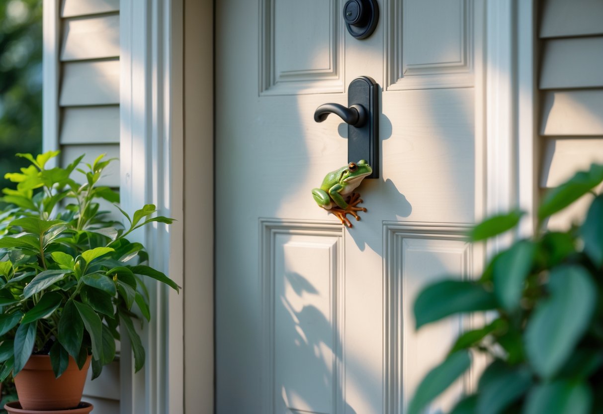 A green frog sitting on the frame of a residential front door surrounded by plants.