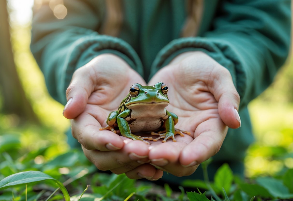 A person gently holding a small frog outdoors in a green natural setting.