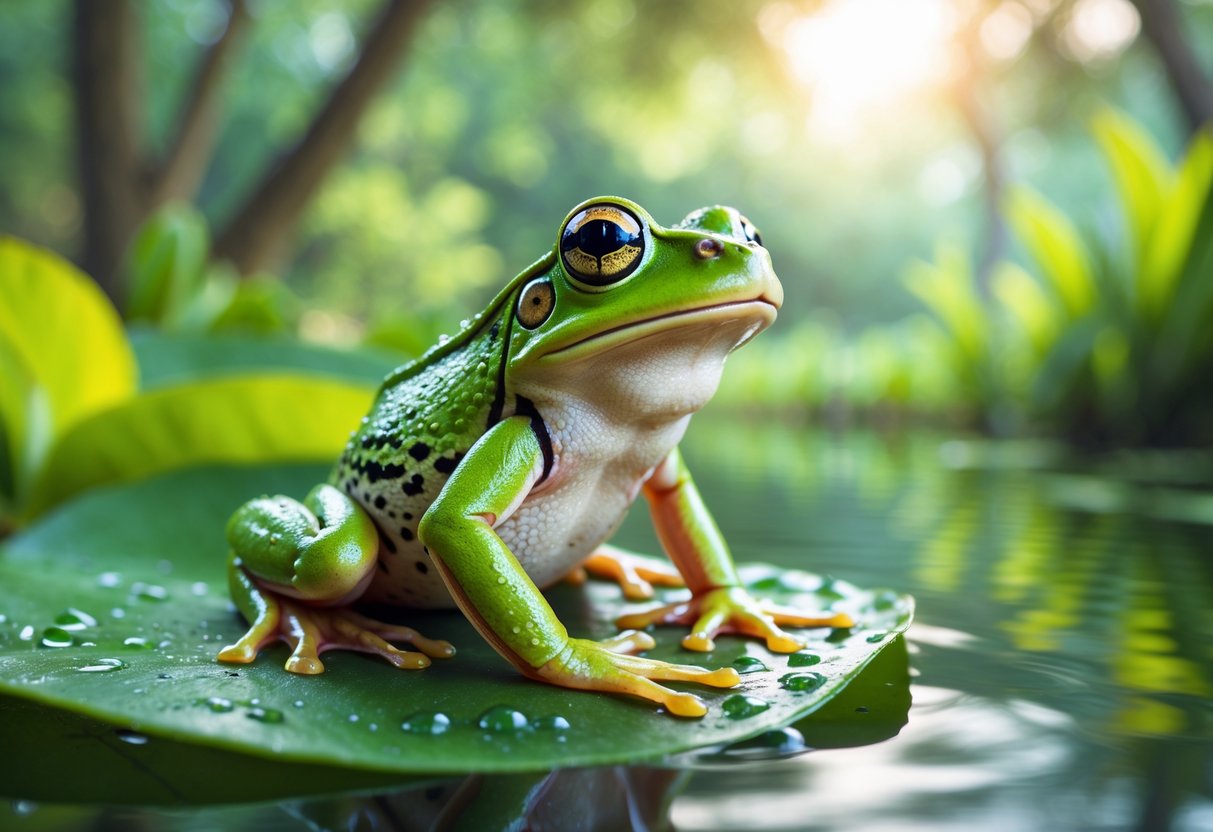 A green frog resting on a wet leaf surrounded by greenery near a pond.
