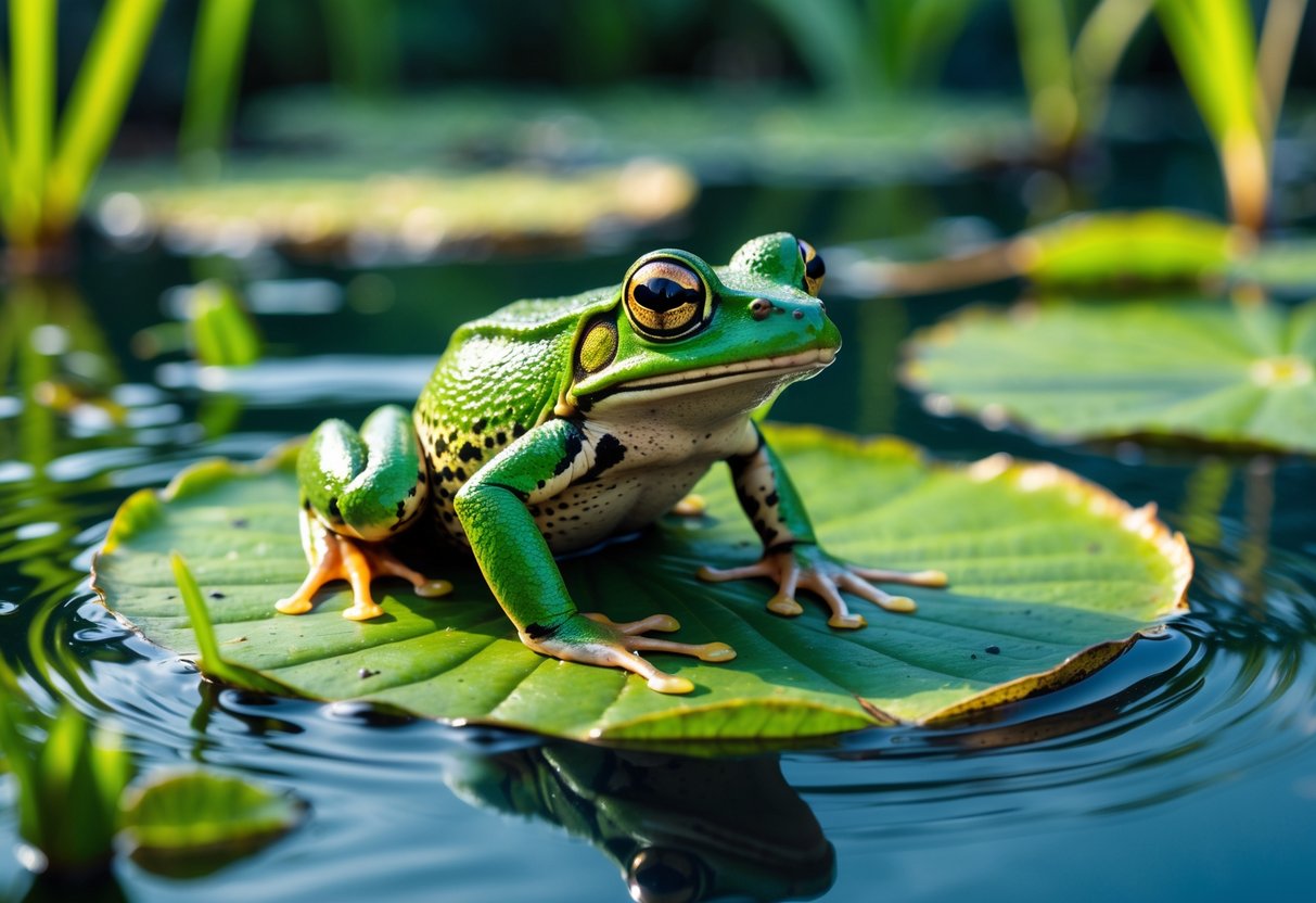 A green frog sitting on a lily pad in a clear pond surrounded by aquatic plants.