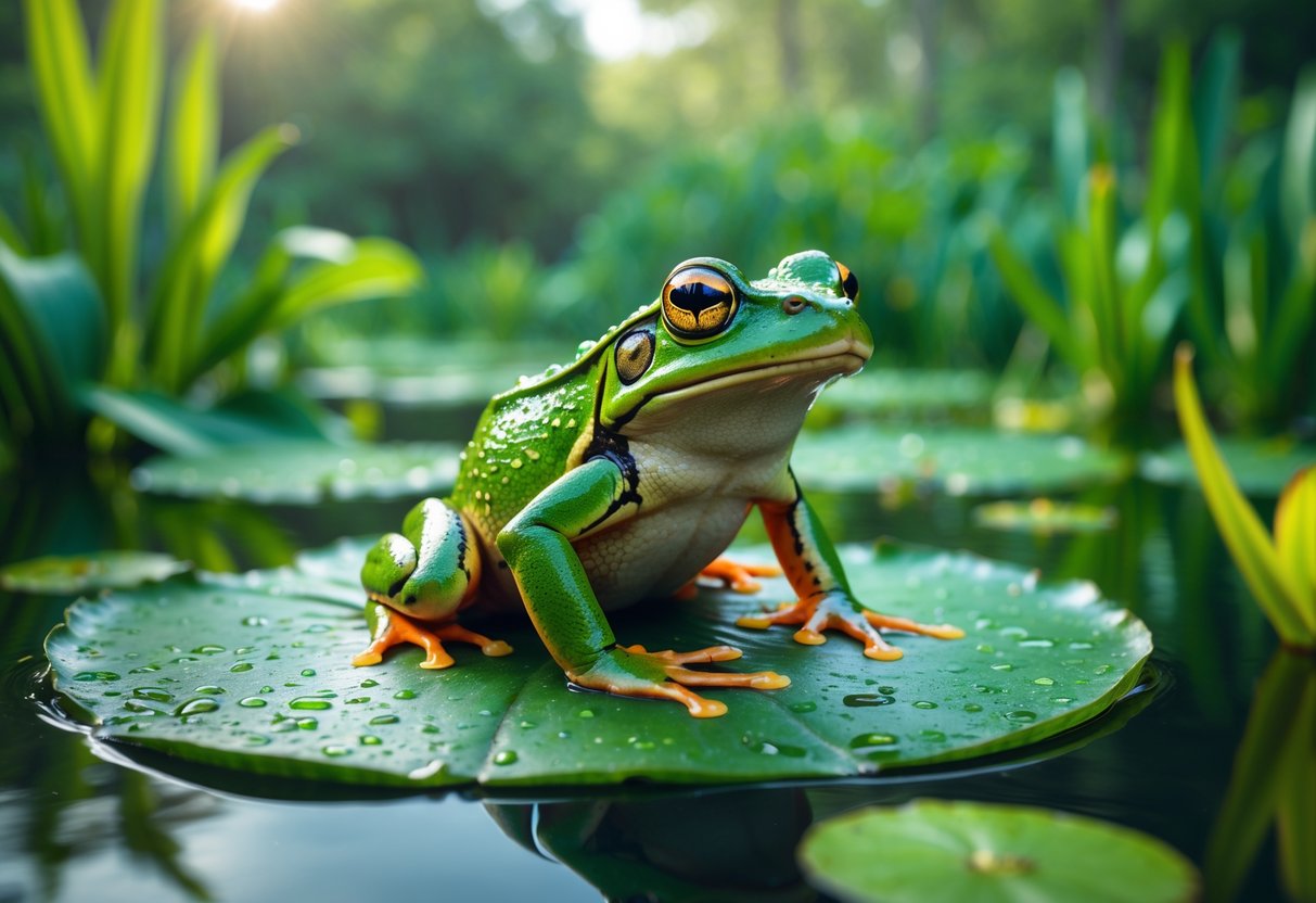 A green frog sitting on a lily pad in a calm pond surrounded by green plants.