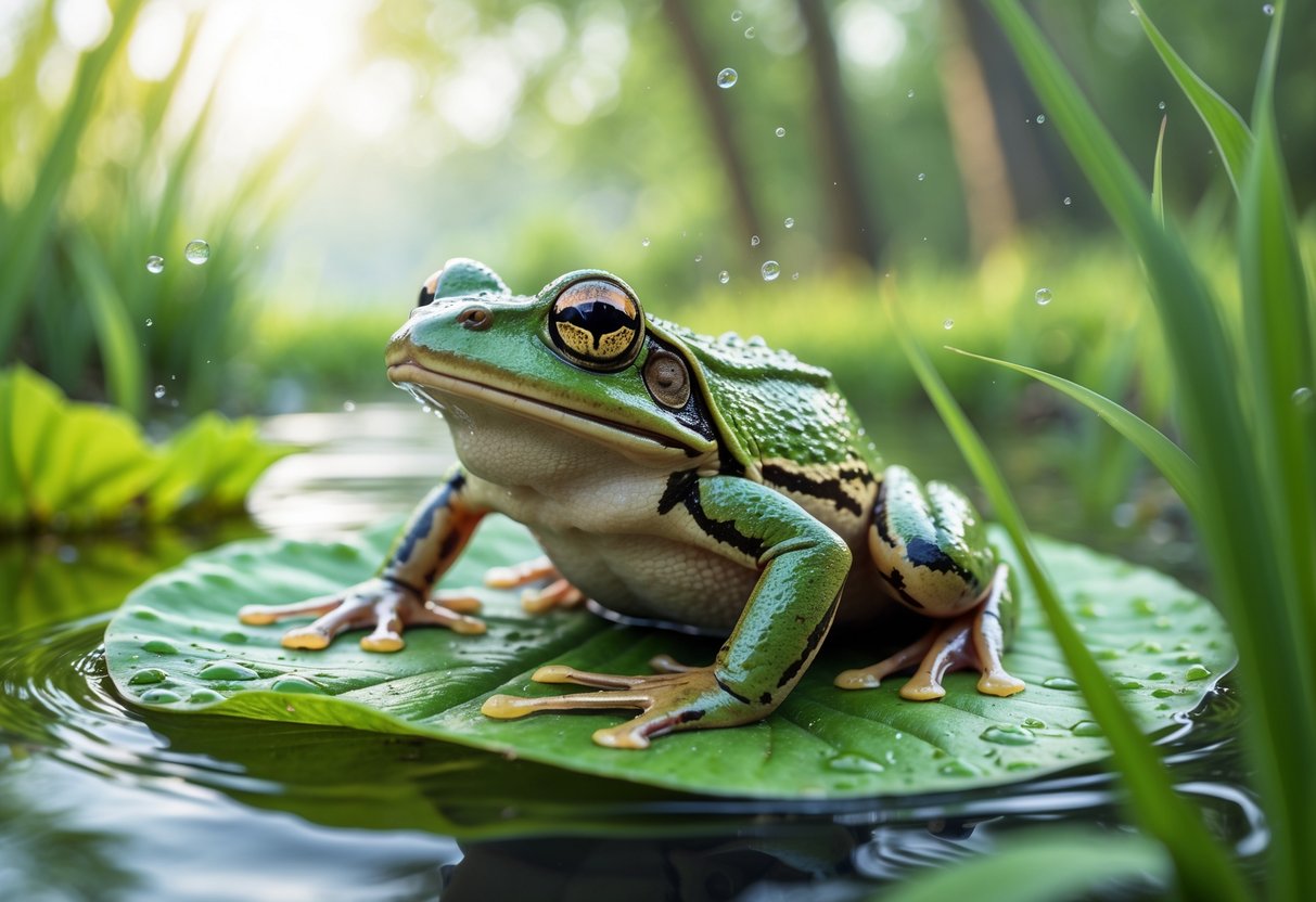A close-up of a common UK frog sitting on a green leaf near a pond with natural surroundings.