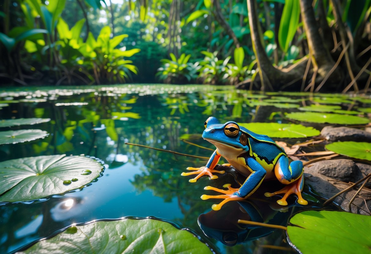 A tropical rainforest pond with various frogs on leaves and rocks, including a brightly colored poisonous dart frog among green and brown frogs.
