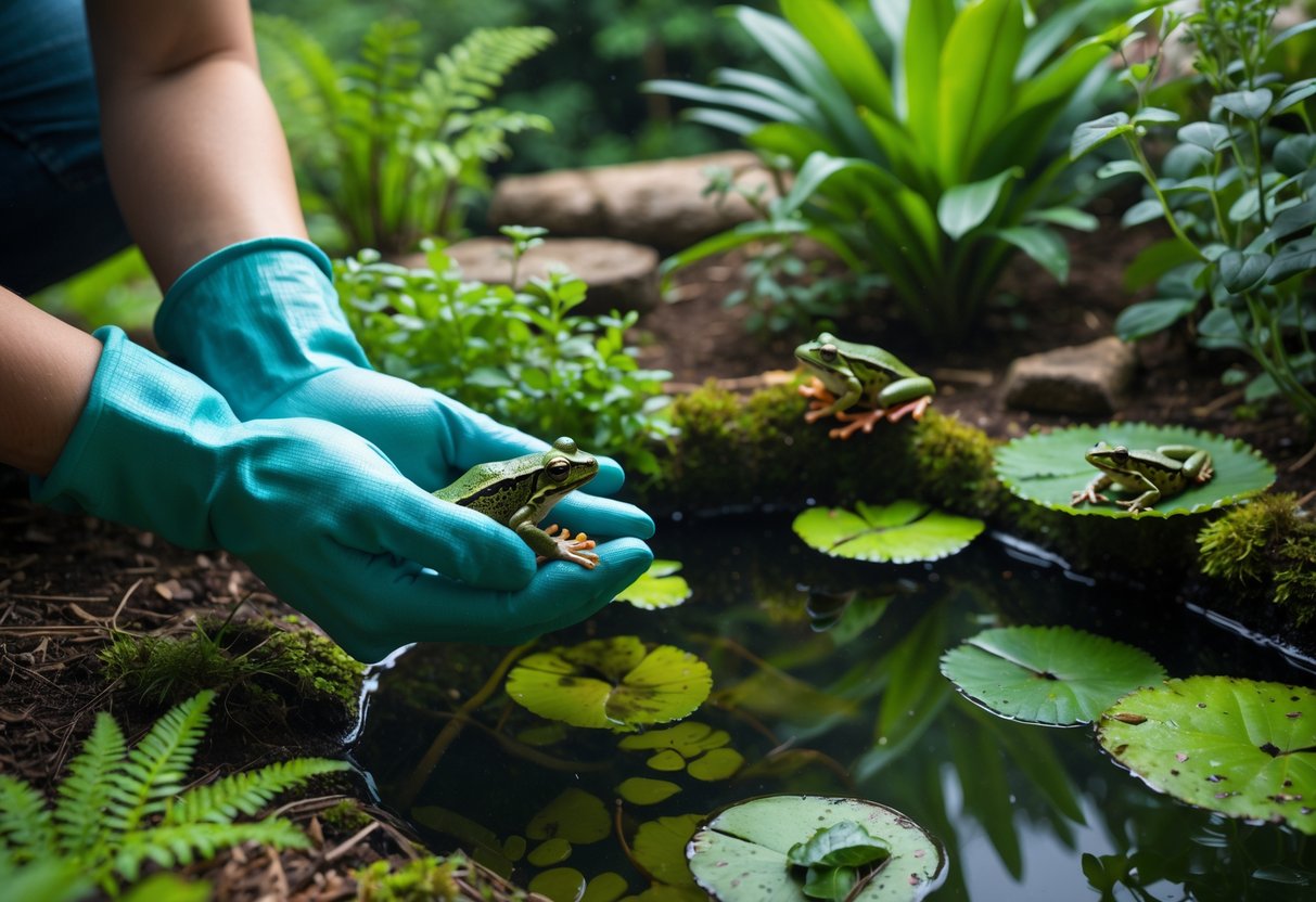 A person wearing gloves gently holding a small green frog in a lush garden near a pond with plants and lily pads.