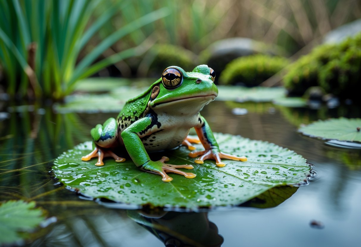 A green frog sitting on a wet leaf in a natural pond surrounded by plants and water.