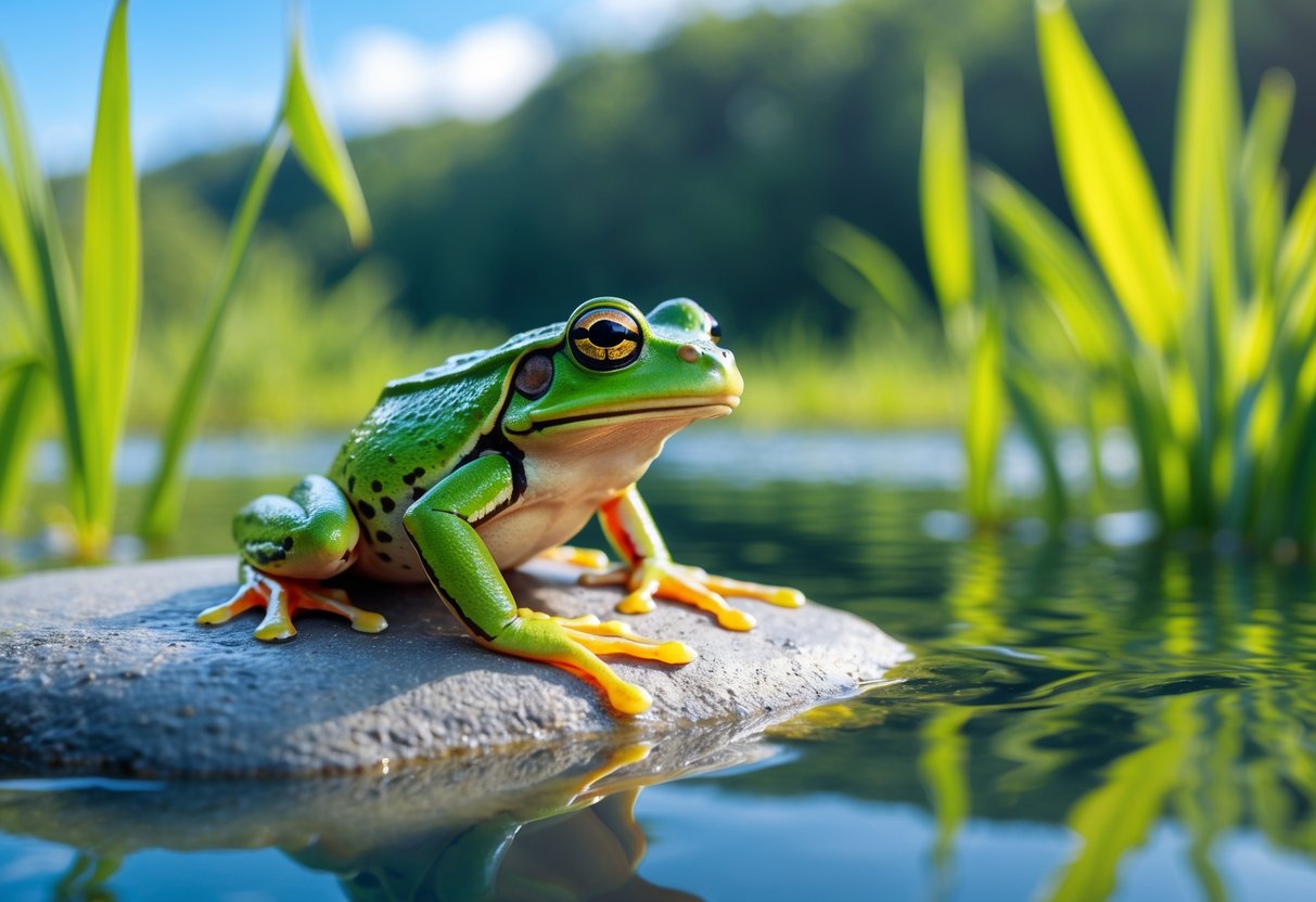 A green frog sitting on a rock at the edge of a clear pond surrounded by plants and trees.