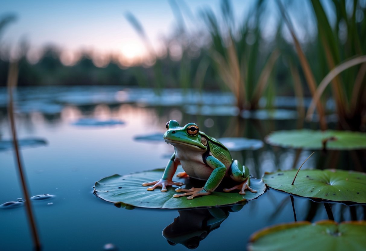 A frog sitting silently on a lily pad in a calm pond at dusk with water plants in the background.