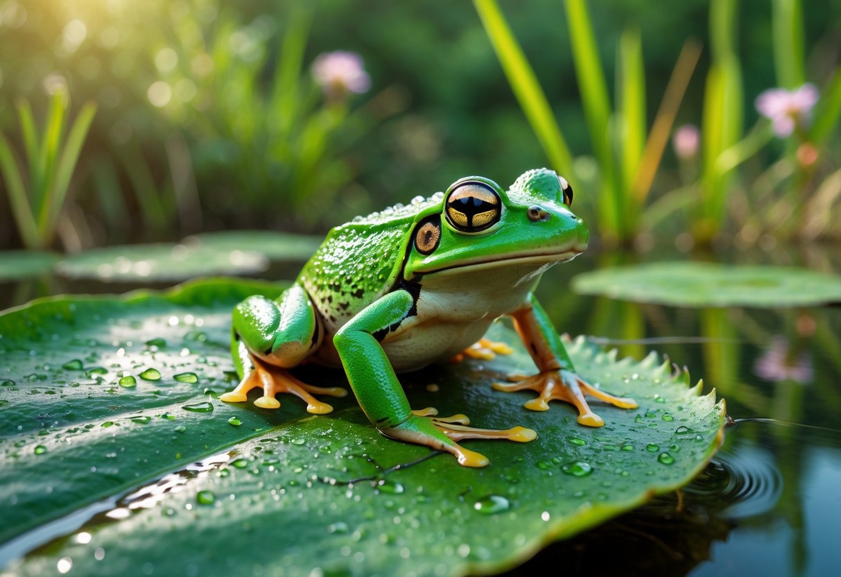 A green frog sitting on a wet leaf near a pond surrounded by plants.
