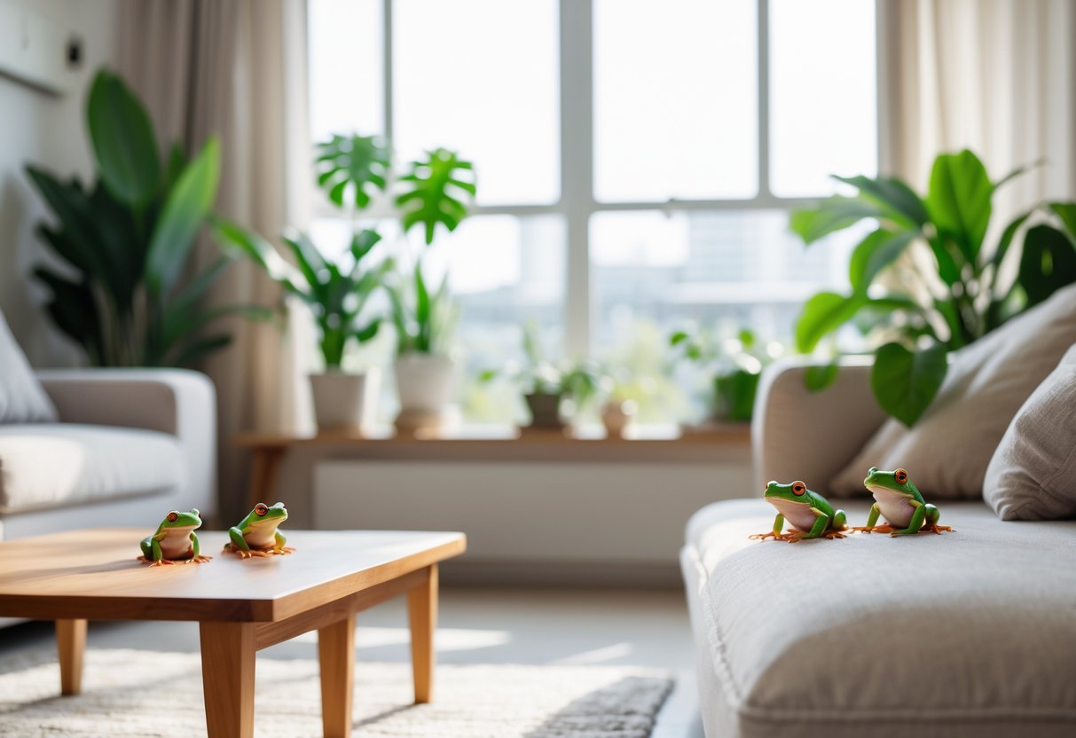 A living room with several small green frogs sitting on furniture and plants inside a house.