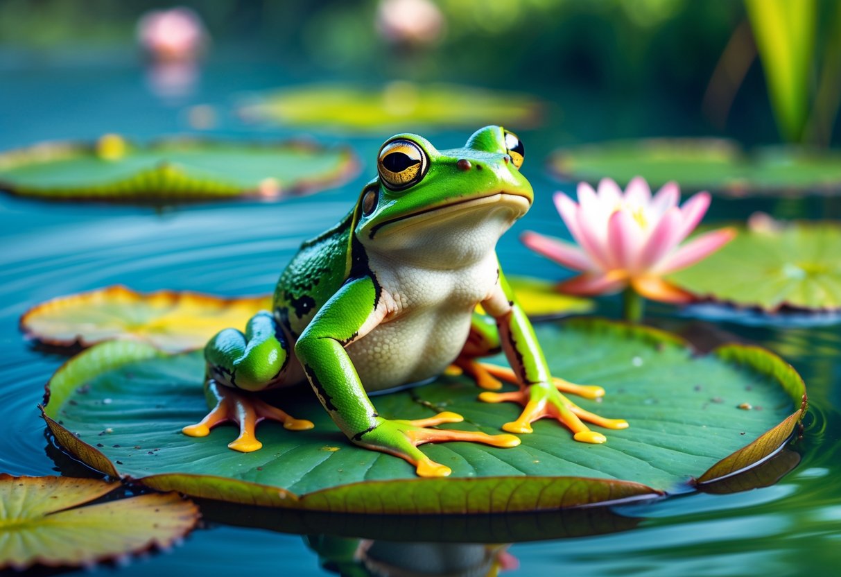 A green frog sitting happily on a lily pad surrounded by water lilies on a calm pond.