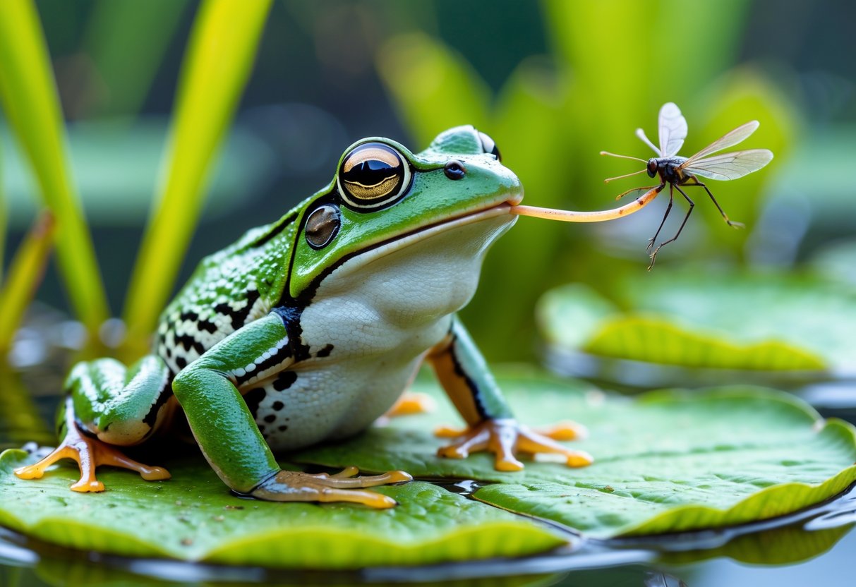 A green frog on a lily pad catching an insect with its tongue in a wetland.
