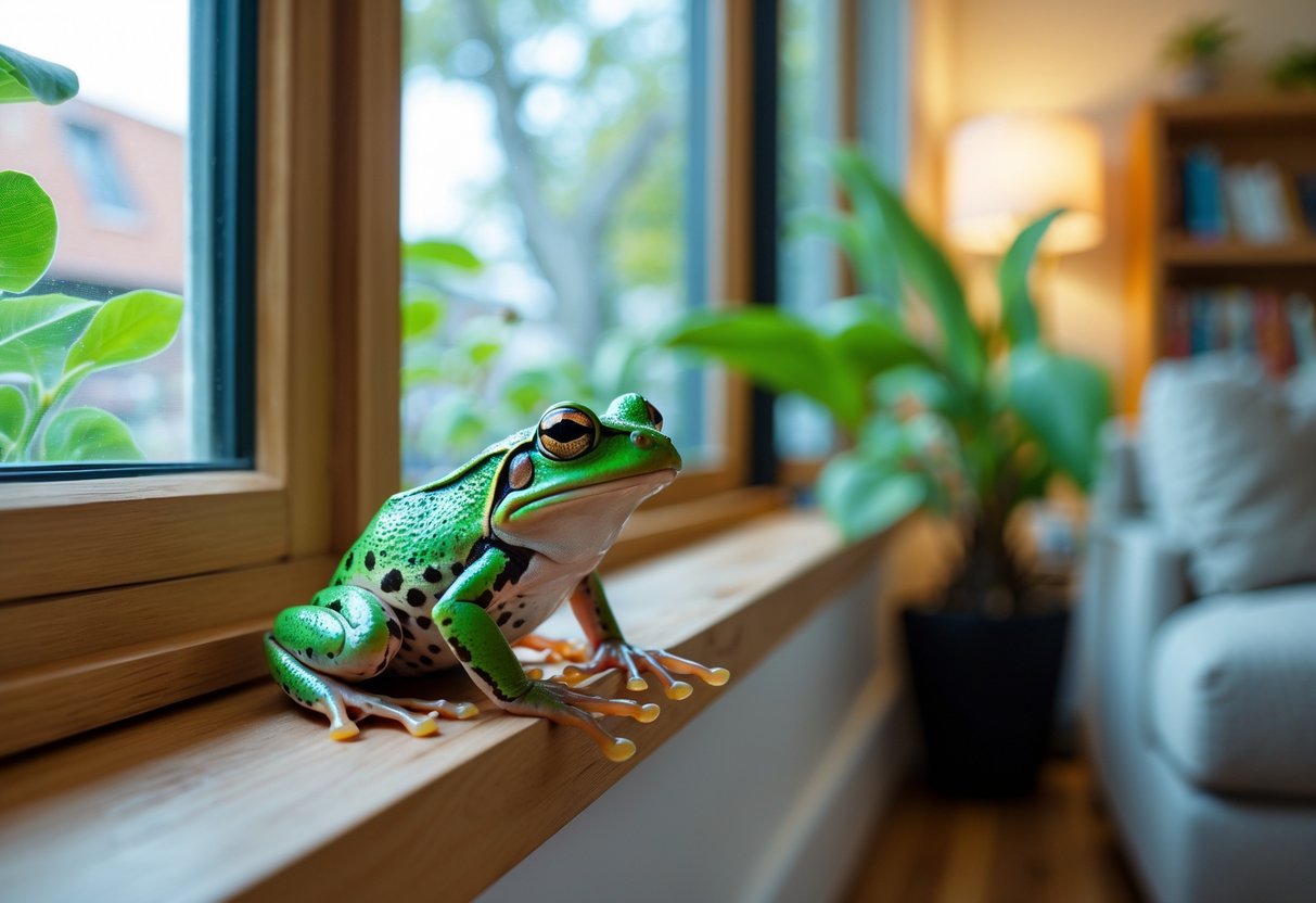 A green frog sitting on a wooden windowsill inside a cozy living room with indoor plants and natural light.