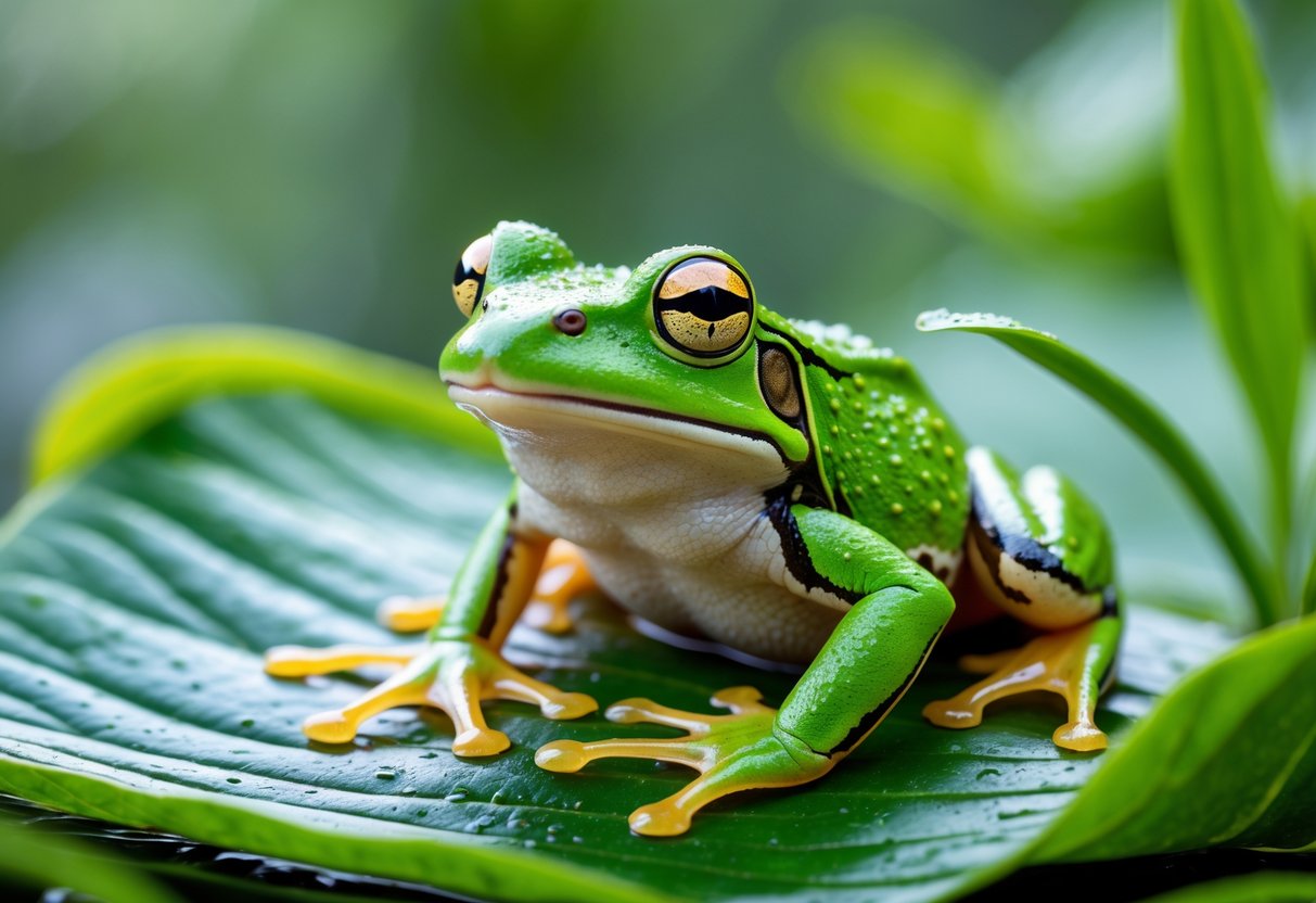 A close-up of a green frog sitting on a wet leaf in a natural environment.
