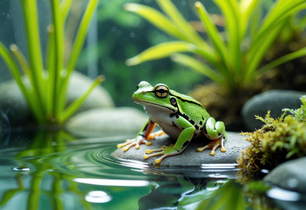 A small green frog sitting on a rock partially submerged in clear water surrounded by aquatic plants.
