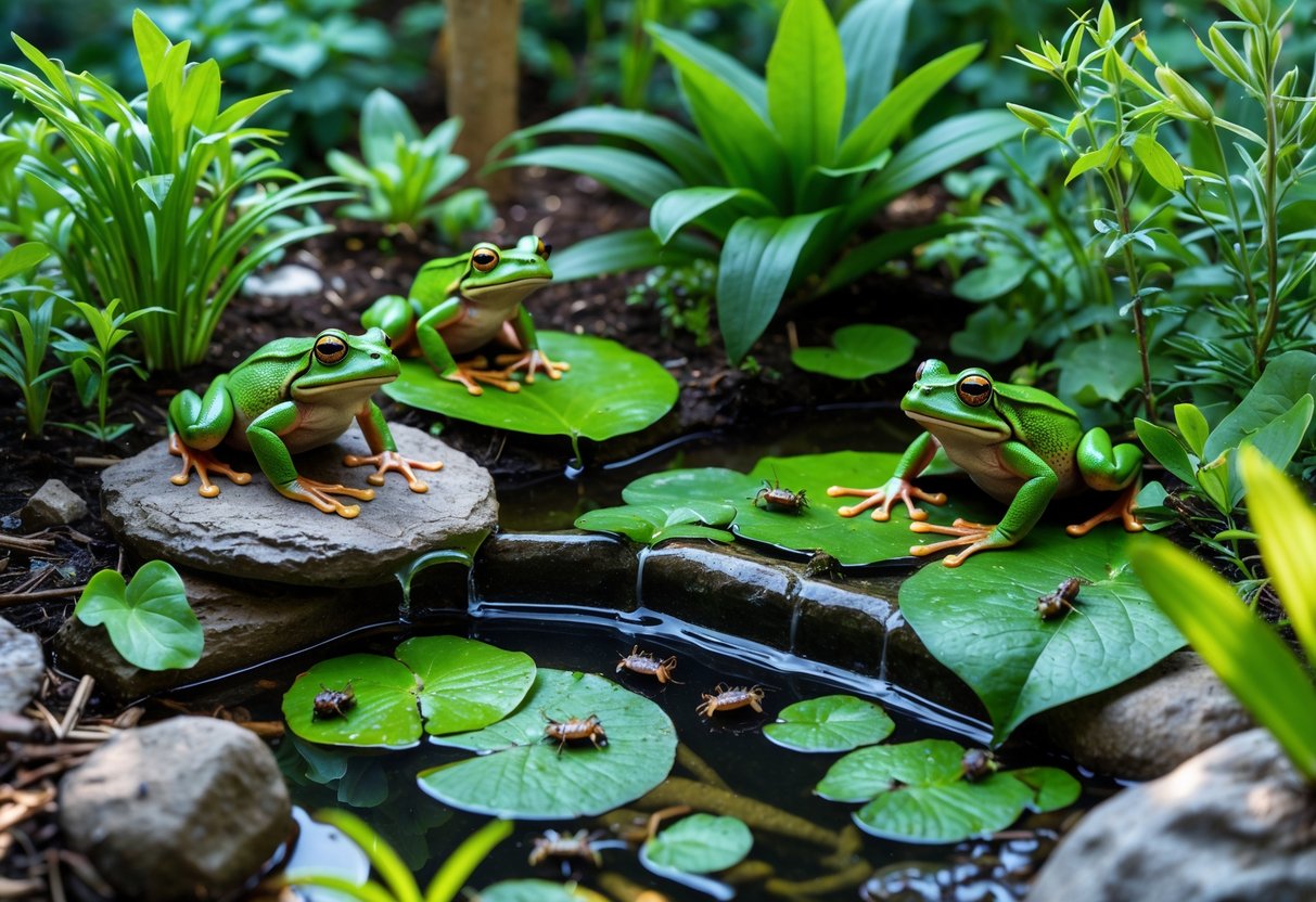 A garden with lush plants, a small pond, and several frogs resting on leaves and rocks surrounded by insects.