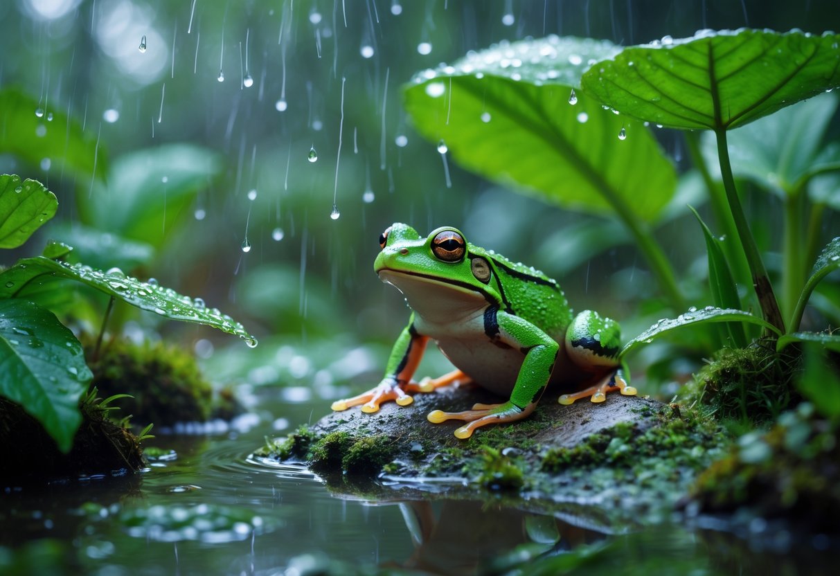 A green frog sitting on a mossy rock surrounded by wet leaves and puddles in a forest after rain.