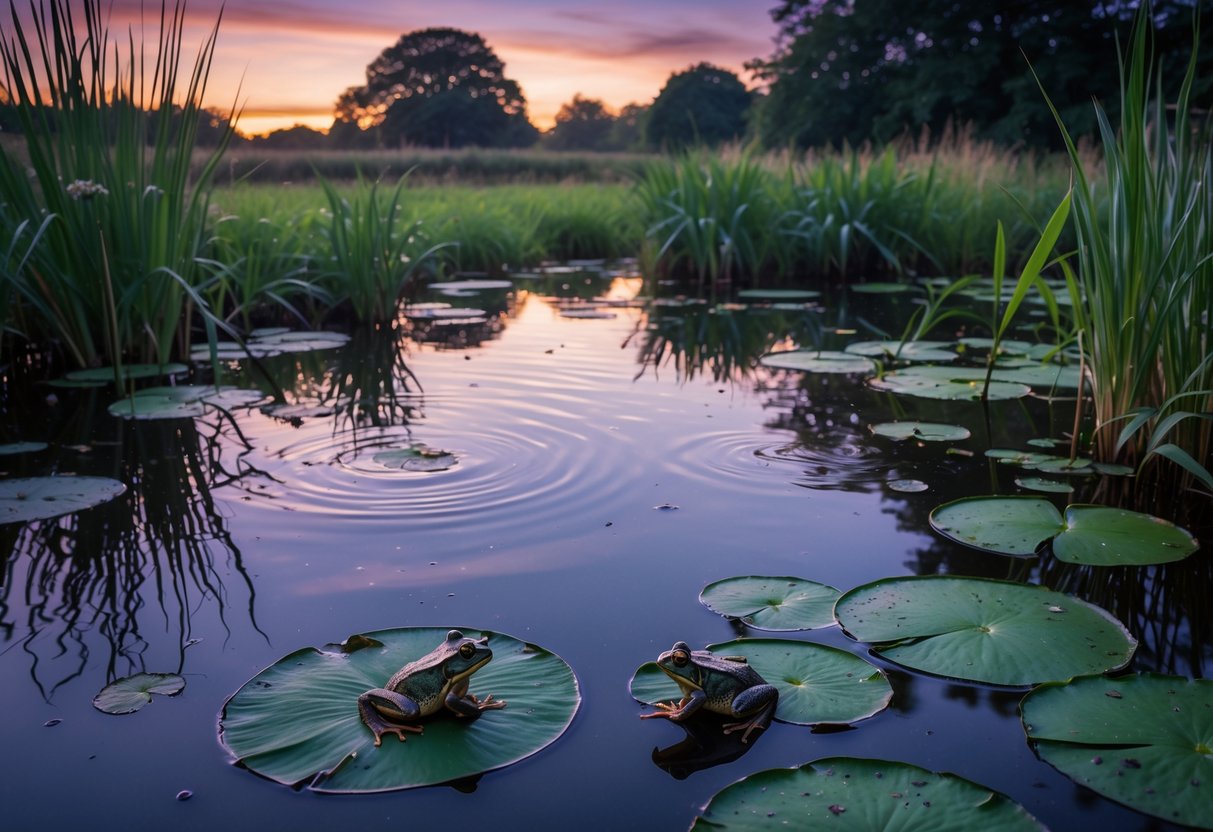 A peaceful pond at dusk with frogs on lily pads and reeds surrounded by trees.