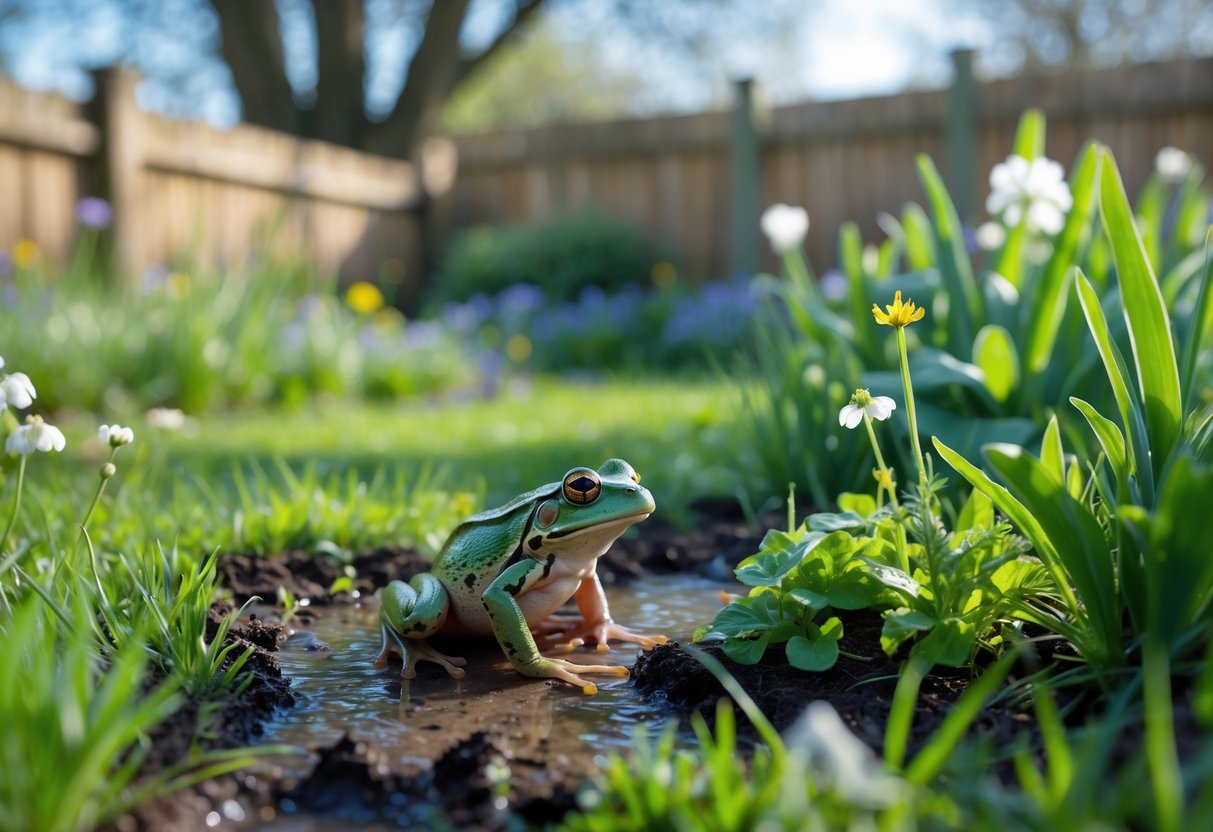 A small green frog sitting on moist soil in a garden with grass, wildflowers, and a wooden fence in the background.