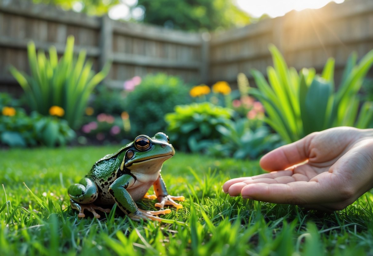 A small frog on green grass in a garden with a hand reaching out gently towards it.