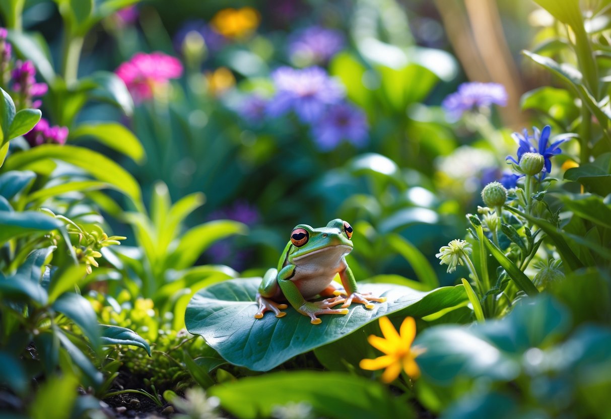 A small green frog sitting on a leaf in a colorful garden with flowers and plants.