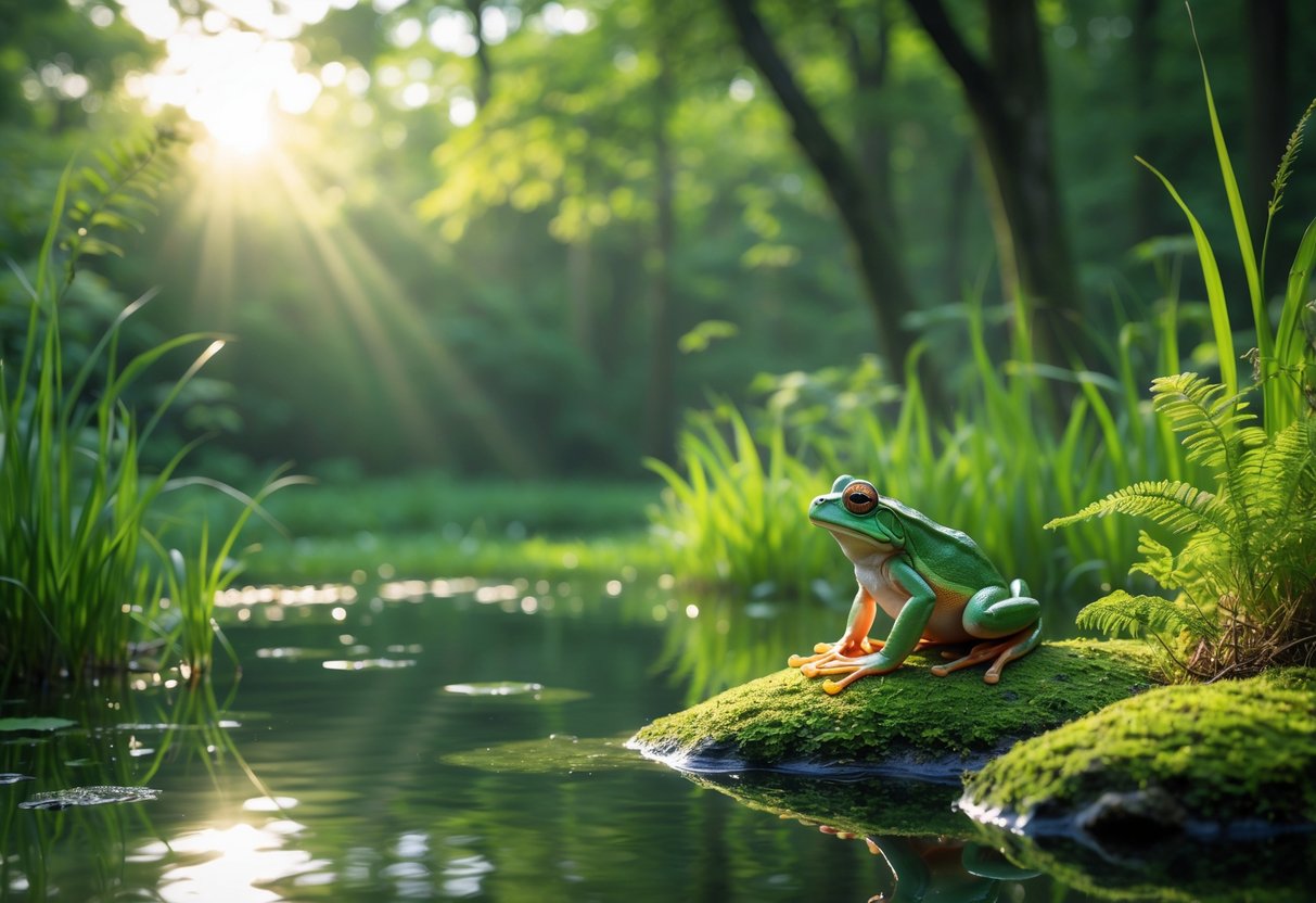 A green frog sitting on a mossy rock beside a pond, looking towards a forest clearing with trees and plants.