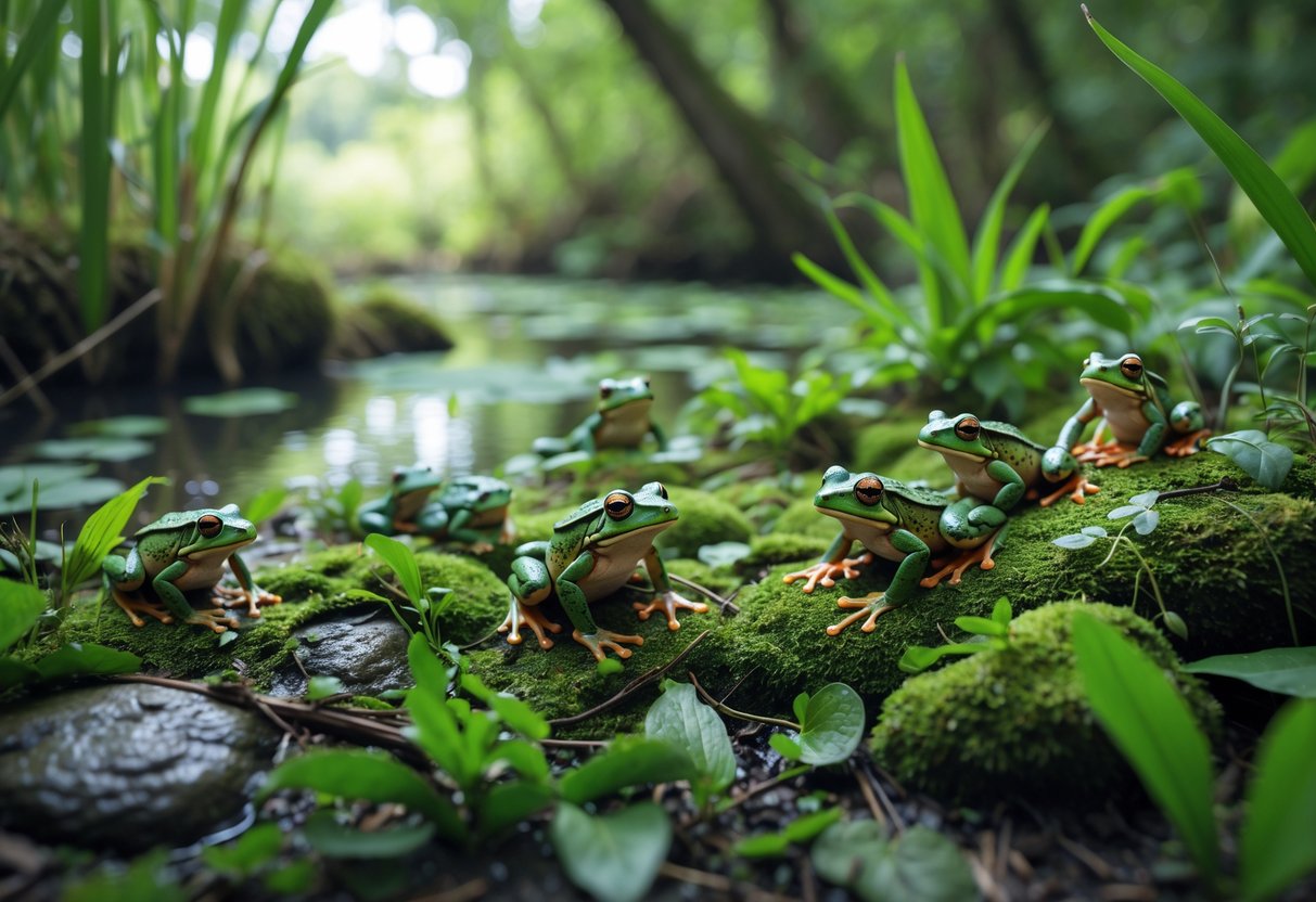 Several frogs resting on mossy rocks and plants near the edge of a pond in a green forest setting.