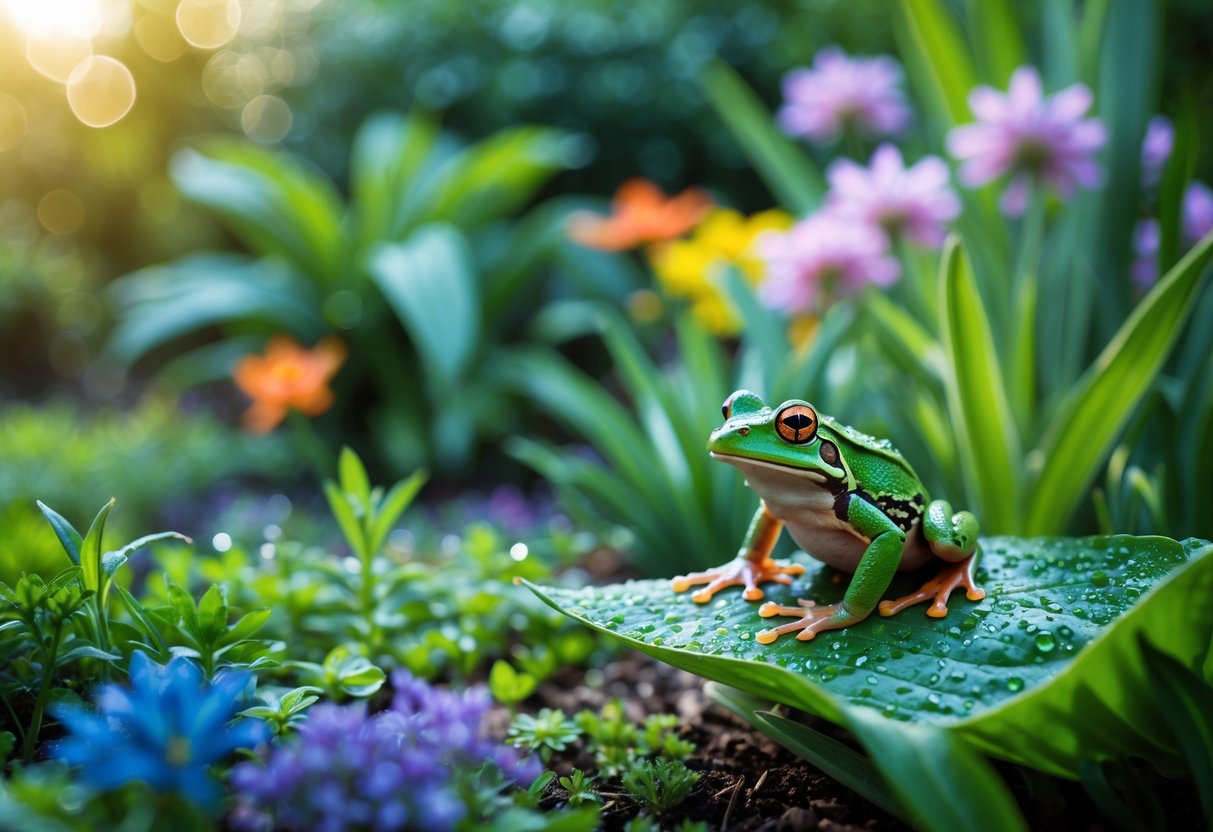 A small green frog sitting on a leaf in a colorful garden with flowers and plants around.
