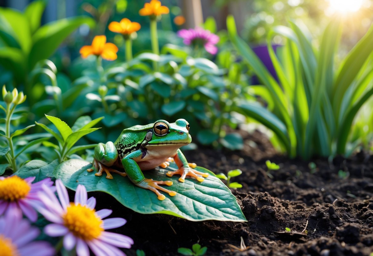 A green frog sitting on a leafy plant in a garden with flowers and plants around it.